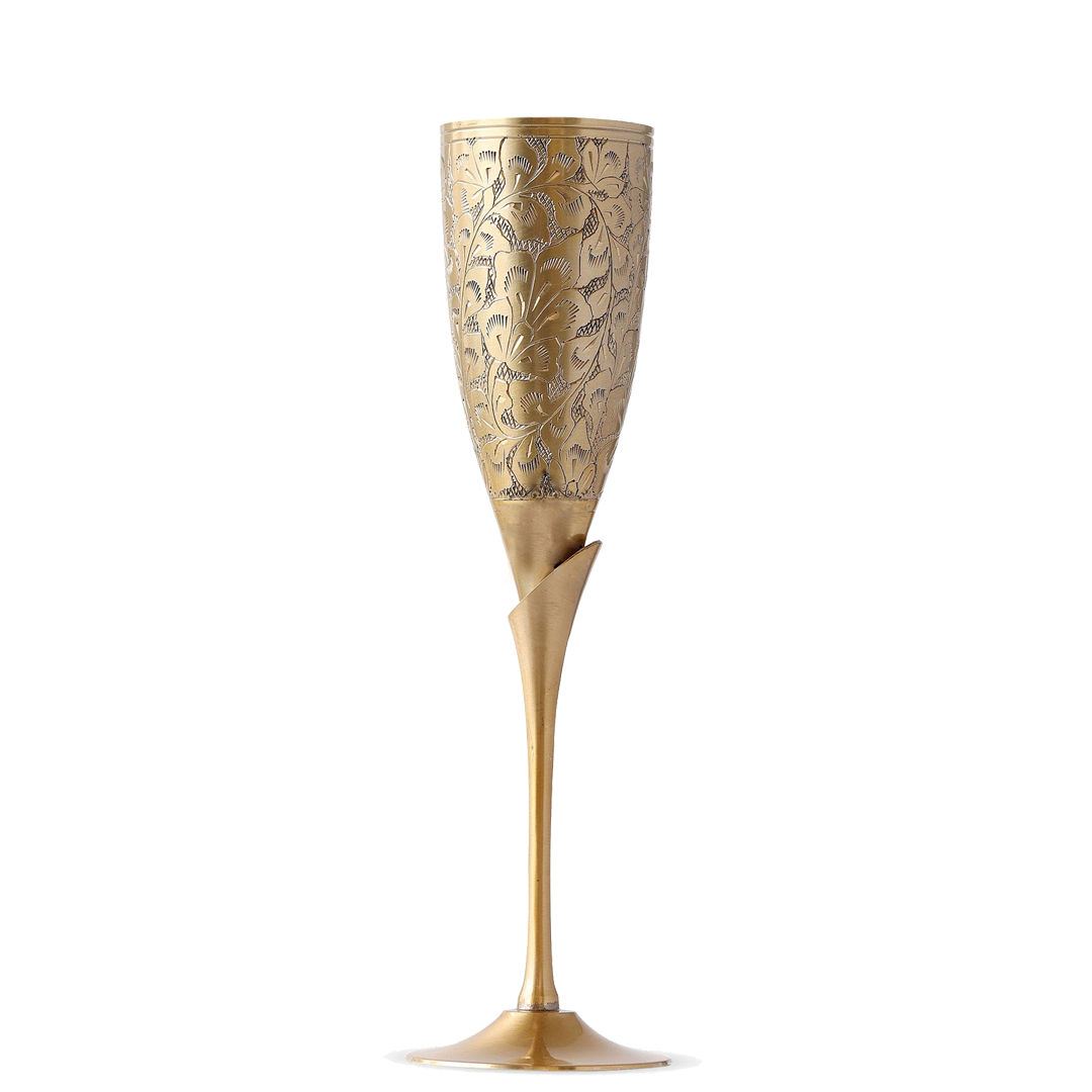 Handcrafted Pure Brass Embossed Design Flute Champagne Glass, Barware, Drinkware - 170 ML